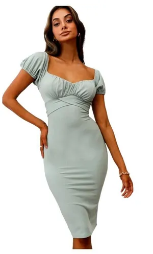 Angel Biba Dress Women Medium Green Knit‎ Sweetheart Neck Tie Waist Sheath Midi thumbnail 1