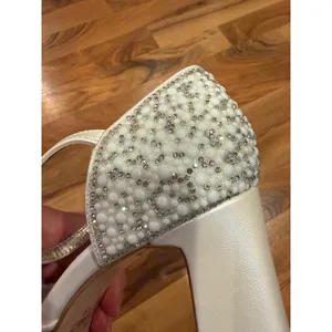 Bridal Smilee Block Heels Women 39 Ivory Pearl Rhinestone Peep Toe Strap Wedding thumbnail 6