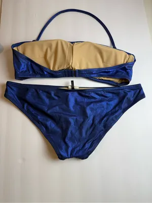 J.Crew Metallic Blue Bandeau Bikini Swimsuit Set Top M Bottom S Halter‎ Strap thumbnail 2