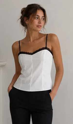 White Satin Lace Trim Cami Top Women’s Adjustable Straps Y2K Minimalist thumbnail 1