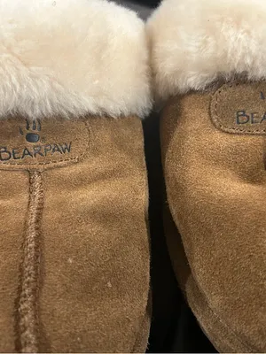 BearPaw Chestnut Suede Shearling Clog Slippers with Cream Cuff please see stain thumbnail 4
