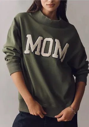 Anthropologie oversized Green MOM Chenille Patch Mock Neck Sweatshirt XS fits M thumbnail 1