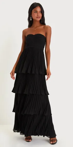 NWT Lulus Seriously Sensational Black Strapless Tiered Maxi Dress Wedding Size L thumbnail 1