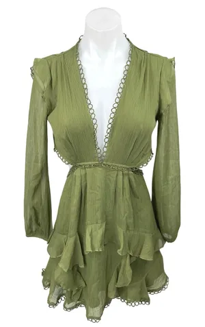 ASOS Design Green V-Neck Cutout Back Long Sleeve Ruffle Mini Fit & Flare Dress 6 thumbnail 1