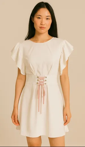 Amanda Uprichard Fairy Ivory Pink Corset Flutter Sleeve Fit Flare Mini Dress L thumbnail 1