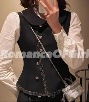 Luxury Navy Blue Gold Buttoned Formal Vintage Tweed Babydoll Slim Blazer Vest thumbnail 3