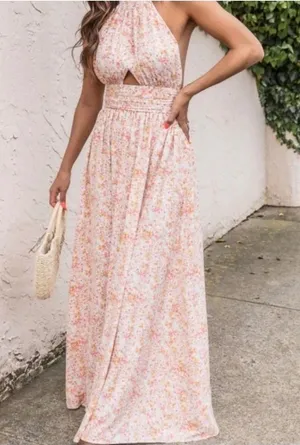 Pink‎ Lily Women's Small Floral Halter Neck Maxi Dress Backless Summer Boho thumbnail 1