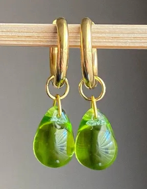 Handmade olive color teardrop Czech glass simple minimalist hoop earrings💚🫒💕 thumbnail 2