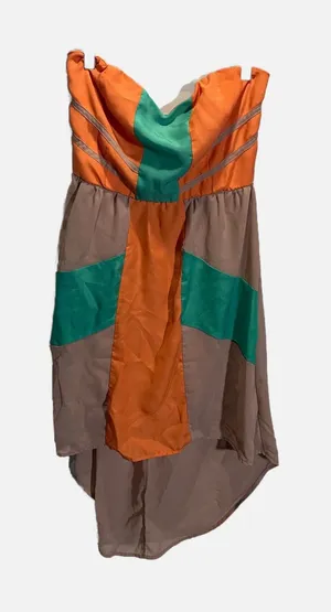 Flying Tomato Dress Womens Medium Orange Color Block High Low Strapless Boho Sum thumbnail 1
