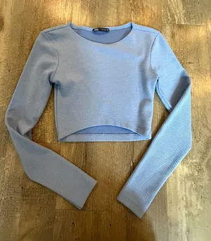 Zara Pastel Blue Ribbed Long-Sleeve Crop Top thumbnail 1