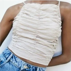Zara Ruched Halter Crop Top Light Tan Brown Smocked Draped Size S thumbnail 1