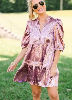 TCEC Metallic Purple Animal Print Puff Sleeve Babydoll Dress Western Boho Glam thumbnail 1