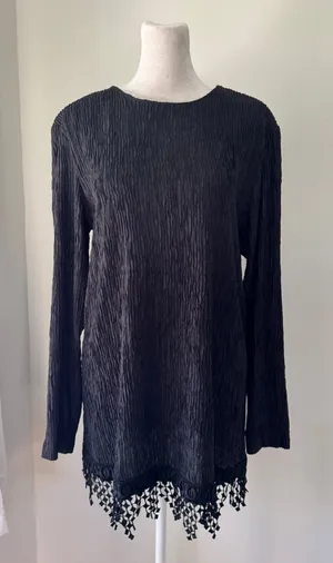 Vintage ‘90s Melissa Black Fringe Hem Long Sleeve Mini Shift Dress thumbnail 1
