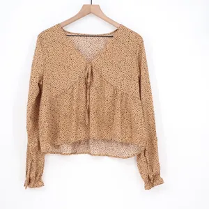 SHEIN Tan Dalmatian Dot V-Neck Peplum Blouse Front Tie Long Sleeve Top Large thumbnail 2