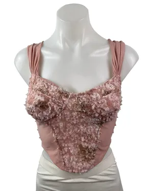Womens Pink Floral Lace Ruffle Sleeveless Crop Cami Camisole Corset Tank Top S/M thumbnail 1