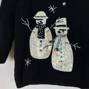 Susan Bristol Black Snowman Embroidered Sequin 3/4 Sleeve Sweater Womens Medium thumbnail 2