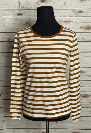 Madewell classic cotton tan/cream striped crew neck long sleeve t-shirt Size XS thumbnail 1