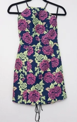 NWT NBD Embroidered Floral Mini Dress S Navy Blue Pink Green Lace Up Bodycon thumbnail 1