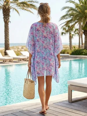 SUNFLOWER Pink Floral Kaftan Cover Up Sheer Summer Dress Boho Coastal Beachy OS thumbnail 3