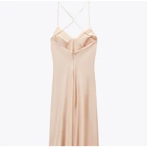 Zara Champagne Satin Maxi Slip Dress Cross Back V-Neck Sleeveless Pink Beige XS thumbnail 3