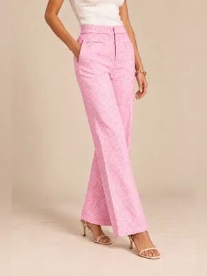 Zara Pink/White White Gingham Tweed-Like High Rise Skinny Bootcut Dress Pants M thumbnail 5