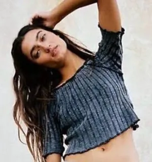 WE THE FREE Meant To Be Black Ribbed Cropped Short Sleeve Tee Top Medium New‎ thumbnail 1