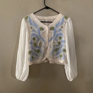 Mexican Crochet Floral Cardigan Women Size S Green Balloon Sleeve Boho NWOT thumbnail 6