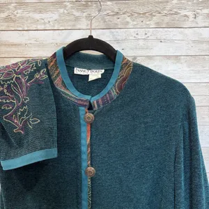 Vintage Nancy Bolen City Girl Womens M Silk Cardigan Teal‎ Tapestry Embroidered thumbnail 2