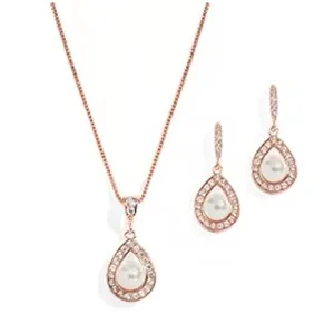 Mariell Rose Gold Pearl Necklace Drop Earrings Wedding Set Brides Bridesmaids thumbnail 2