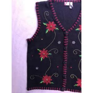 Holiday Editions Sweater Vest Women XL Black‎ Red Poinsettia Beaded Christmas thumbnail 6