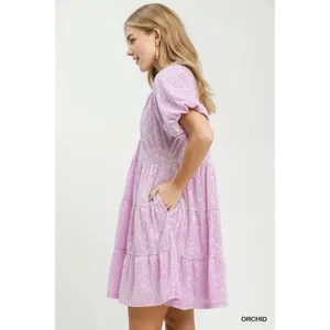 Umgee Jacquard Puff Sleeve Mini Dress - Orchid -‎ Small thumbnail 2