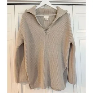 H&M light weight beige melange wool blend ribbed quarter zip sweater small thumbnail 2
