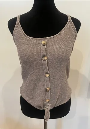 Waffle Knit Button-Front Tank Top in grey small American Eagle thumbnail 1
