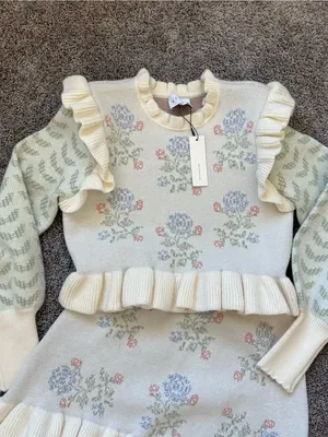 Cream Floral Knit Skirt Set with Ruffle Details thumbnail 4