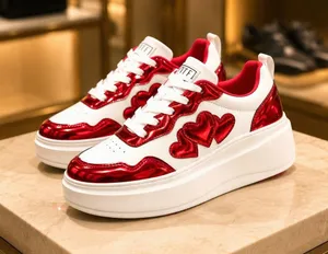 Red Heart Pattern Lightweight Sneakers Cushioned Sole 8 White thumbnail 1