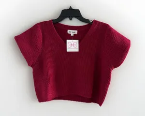 Day + Moon: V-Neck Sweater Cropped Top with Cap‎ Sleeves Annabelle Red NWT thumbnail 1