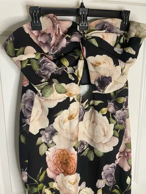 ASOS Black Floral Strapless Midi Dress Midsection Cutout Size 10 dark romance thumbnail 3