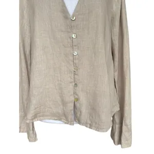 ZARA Linen Blouse Flared Bell Sleeves Button Up V Neck Beige Womens Small thumbnail 10