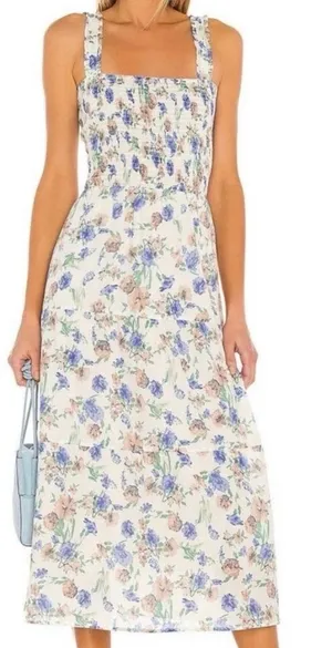 Revolve Heartloom Ronnie Prairie Tier Dress Floral Smocked White Blue Green M thumbnail 1