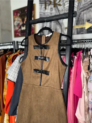 Flat White Faux Suede Bow Trim Sleeveless Mini Dress Brown Womens Small EUC thumbnail 7