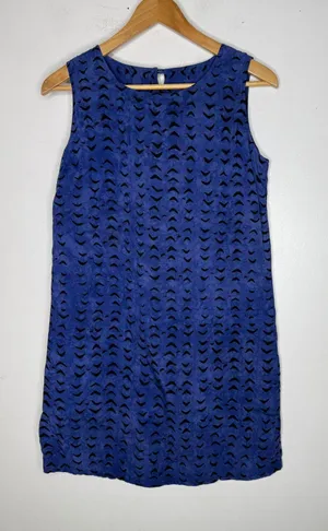 NTCO nomadic traders blue‎ black print shift mini dress rayon size medium Blue thumbnail 1