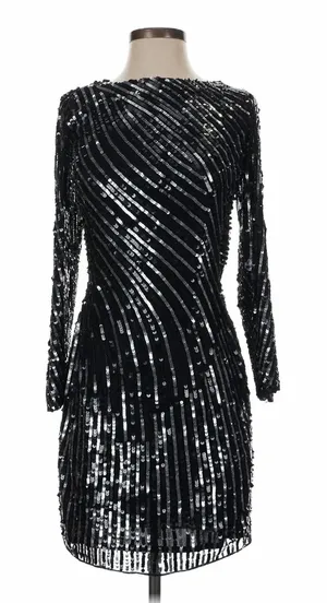 Mac Duggal Sequin Cocktail Dress Womens 0 Black Silver Glam Holiday NYE New Year thumbnail 1
