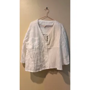 POL Women Top L White Boho Patchwork Floral Mesh Henley SMT2268B thumbnail 2
