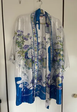 Floral Satin Kimono Robe in White and Blue thumbnail 1