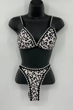 Bikinx Leopard Print Bikini Set Black White‎ Zigzag Trim Triangle Top Small NEW thumbnail 1