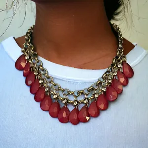 Bronze tone cranberry teardrop dangle statement necklace Red thumbnail 5