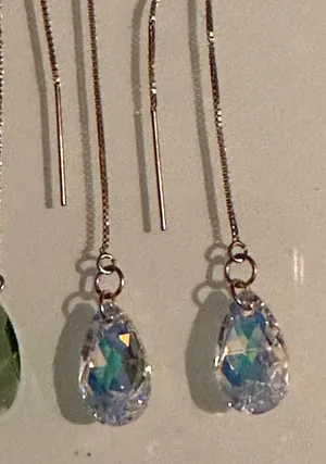 Handmade Swarovski Aurora Borealis Oval Crystal Threader Gold Chain Dangle Earrings thumbnail 1