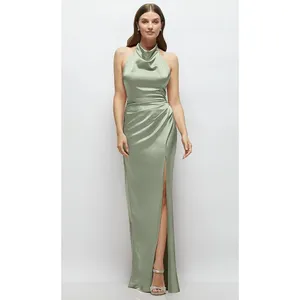 Lovely Noor Cowl Halter Open-Back Satin Maxi Dres‎ In Sage Size XS thumbnail 4