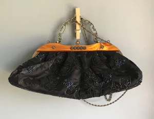 Vintage Black Floral Beaded Chain Crossbody Purse thumbnail 1