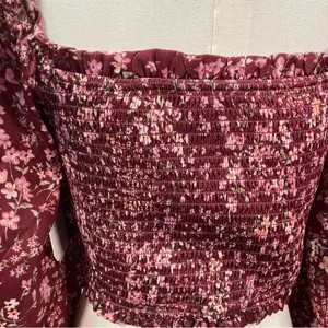 Altar’d State Vaella Smocked Floral Top in Burgundy Long Sleeve‎ Cropped medium thumbnail 7